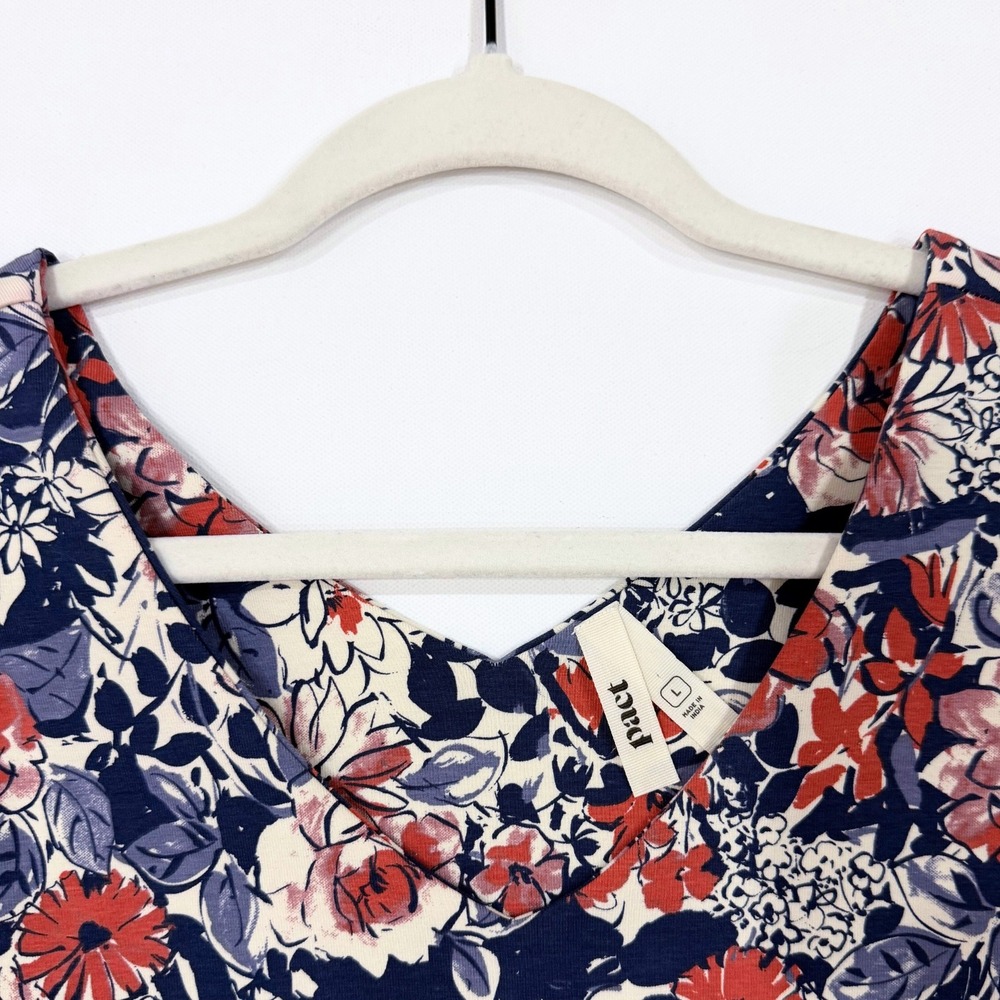 Pact Organic Cotton Floral V-Neck Fit Flare Midi Dress Pockets Blue Pink Large - Picture 4 of 5